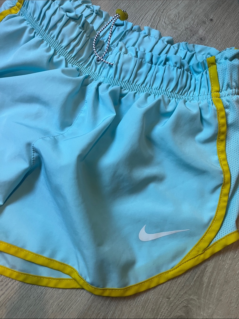 Nike Women's Running Shorts —Light Blue with Yellow & Olive Green with Blue Trim - Picture 4 of 5